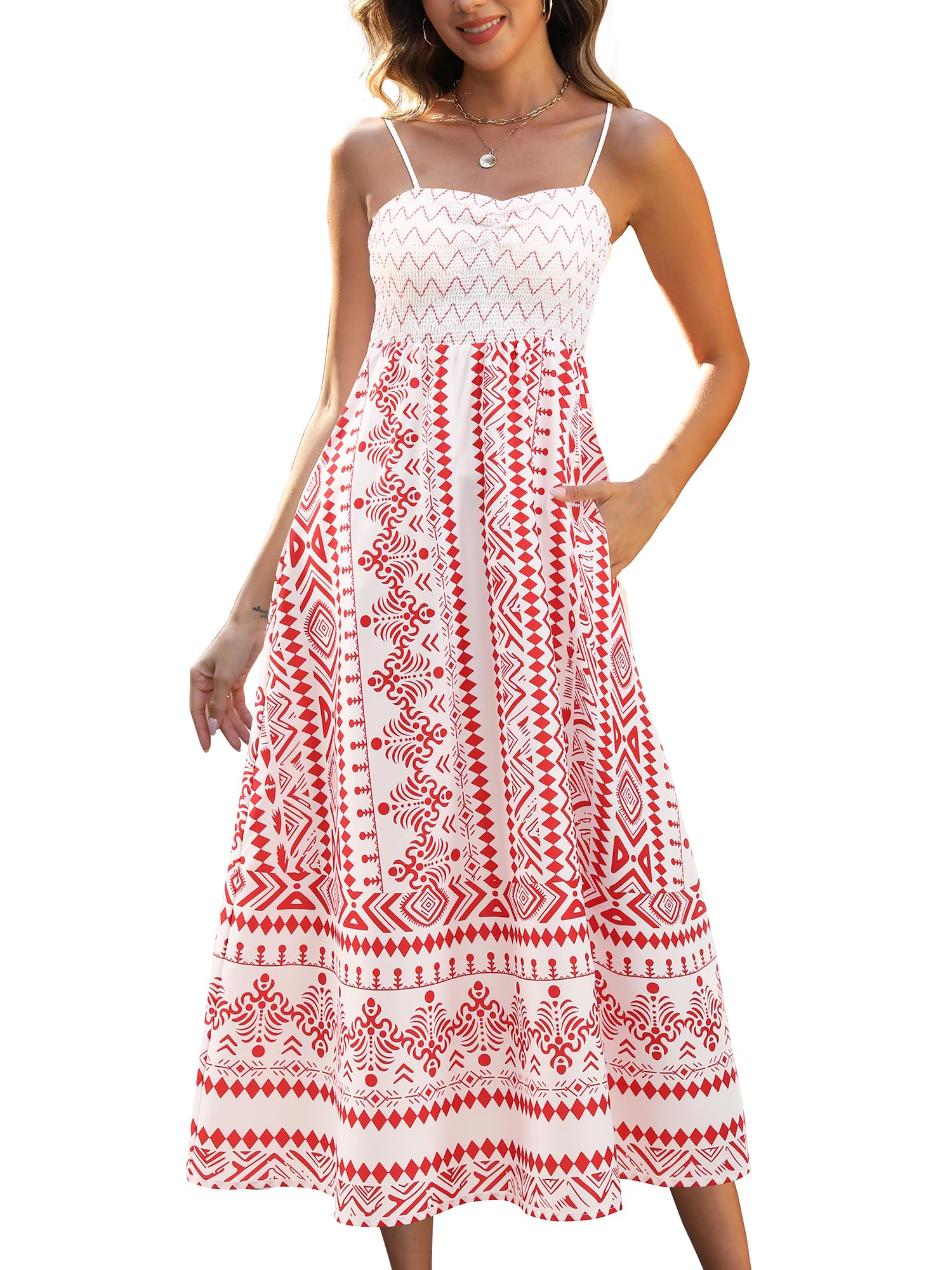 Gardenwed Women's Floral Print Maxi Dress,Spaghetti Strap Smocked Bodice A-Line Sundress with Pockets