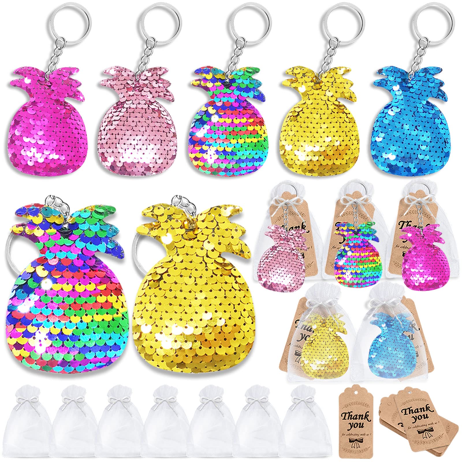 CiciBear 60 Pack DoubleDeck Pineapple Sequin Keychain Set with 20