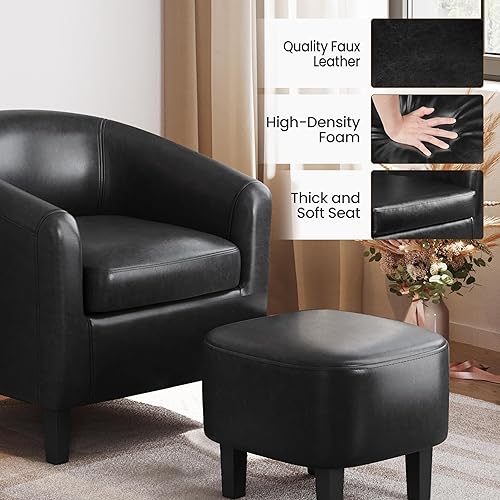 Miniatura 7 de Yaheetech Silla decorativa con reposapiés otomano, piel sintética, moderna tapizada de mediados de siglo, silla de barril suave, cómodo juego de