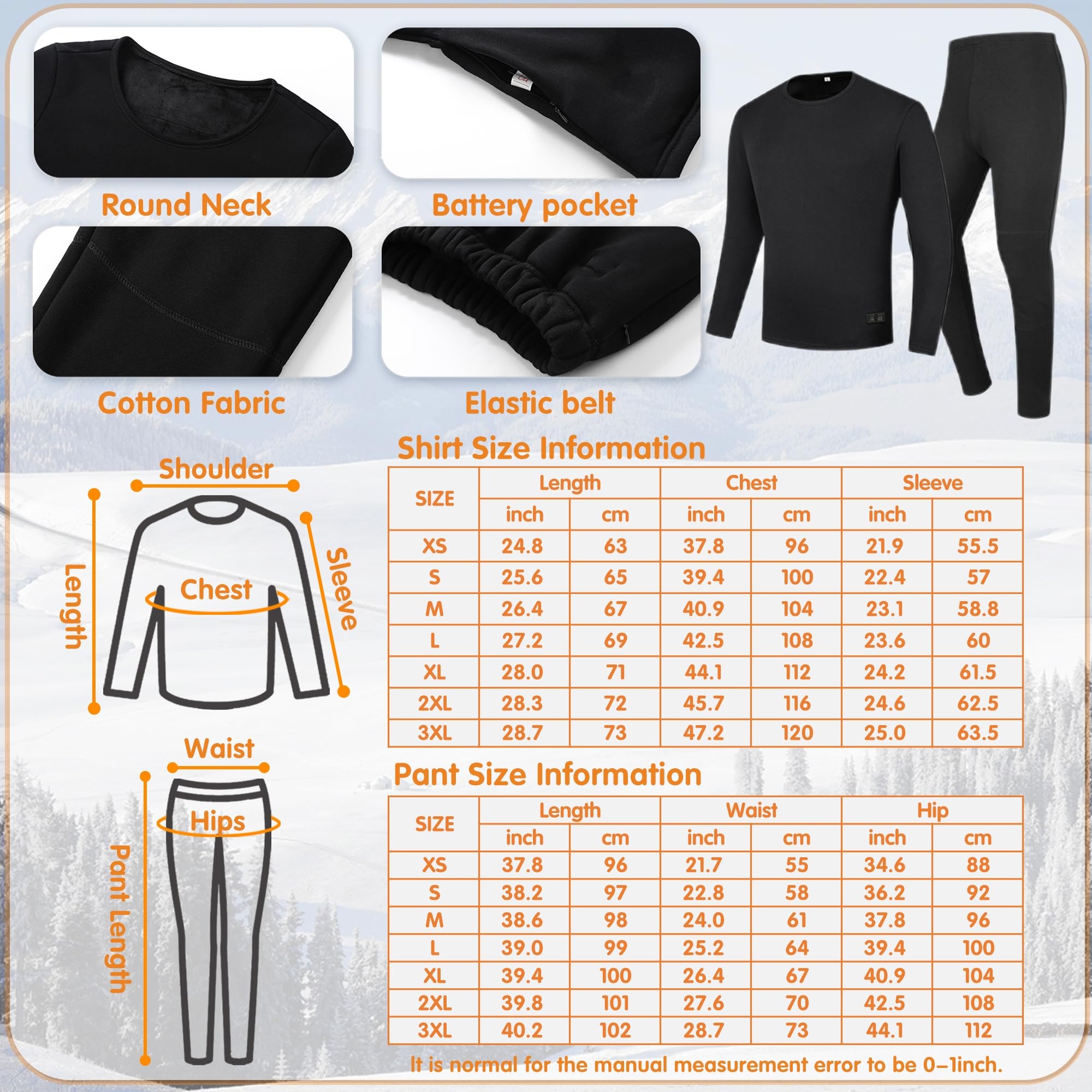 Ropa Interior de calefacción para Hombres, Recargable calentado Largo John Conjunto Forrado Polar Caza térmica Camiseta y pantalón