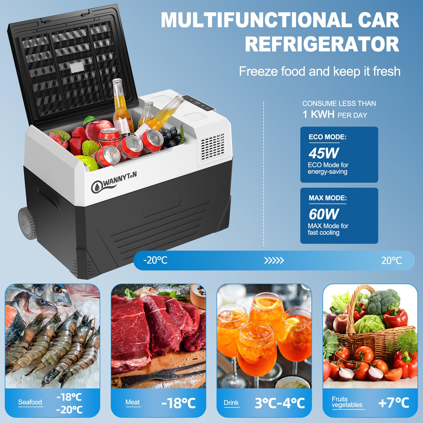 WANNYTON 58L Frigo Portatile a Compressore, Frigorifero Elettrico 12/24/100-240 V, Mini Frigo per Auto, Camper, Barca, con Ruote e Maniglia di Trasporto, con Cavi AC/DC