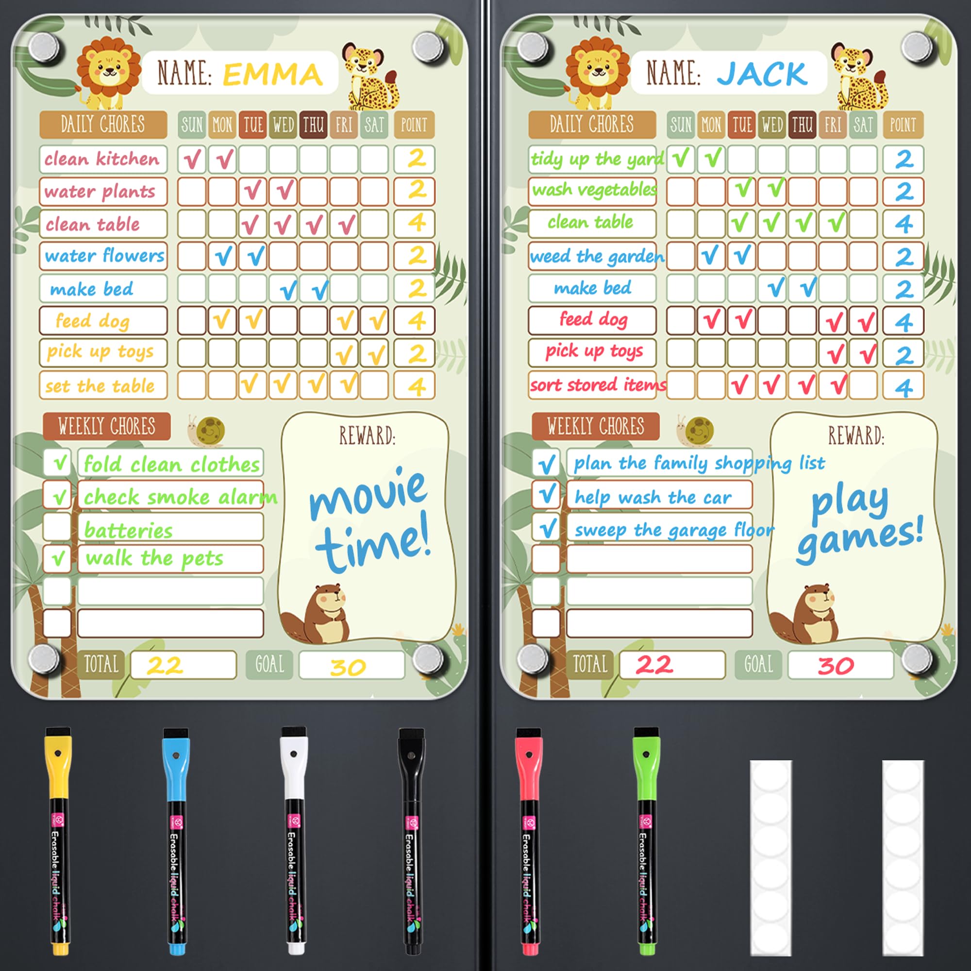 BIROYAL 2 Pcs Acrylic Chores Chart for Kids, Dreamy Chores Board for Family, Dry Erase Chore Charts with 6 Markers & 12 Anti-Scratch Pad, Reward Chart for Children, Magnetic Behavior Board (Green)