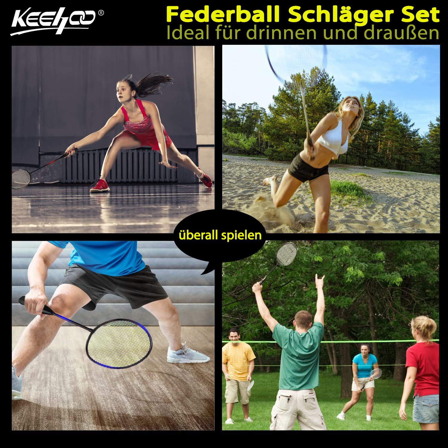 KH Federball Set Badminton Schläger Set of 2 oder 4 für Erwachsene Kinder, Schläger, Federbälle und Tragetasche im Lieferumfang