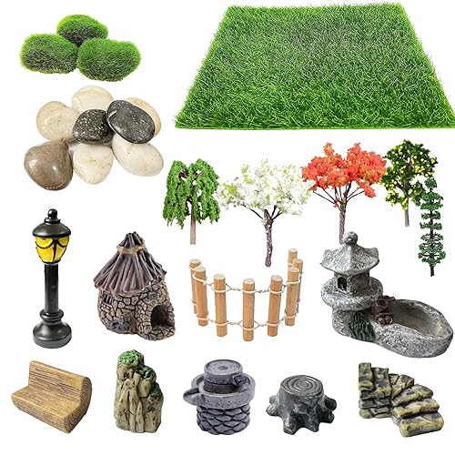 Cayway 26 Stück Min Zen Miniatur Garten Miniatur Gartenzubehör Ornamente, Garten Gras Miniatur Bäume Modellbau für Heimwerken, Feengarten Dekoration