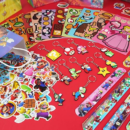 Miniatura 7 de Recuerdos de fiesta de dibujos animados, 110 piezas de suministros de fiesta de Game Bro, bolsas de fiesta, sellos, pulseras de palmada, llaveros,
