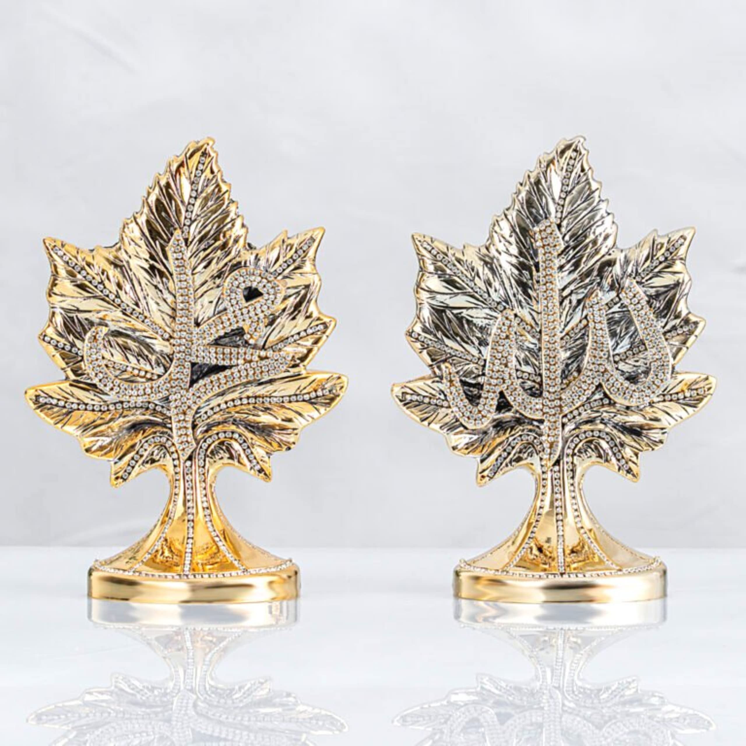 VOGUEHOMEDECOR Names of Allah and Muhammad Written Leaf Shape Islamic Figurines Set of 2 | Islamic Table Desk Decor | Islamic Living Room Home Decoration (Gold)