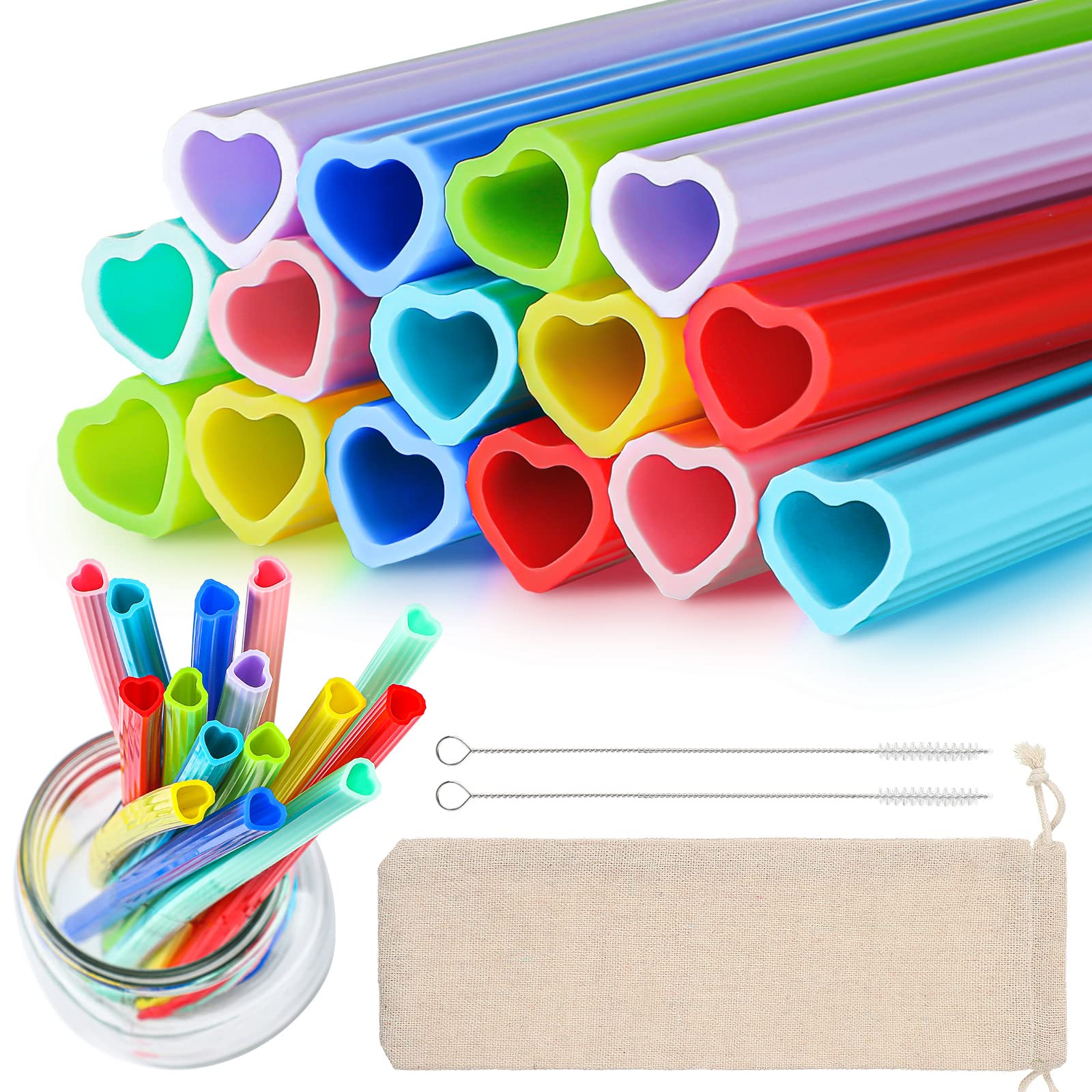 16 Pack Heart Shaped Straws Reusable Silicone Drinking Straws Flexible Straws with 2 Pieces Cleaning Brushes and Storage Bag for Weddings Supplies Birthday Party Kids Cocktail Milkshake, 8 Colors