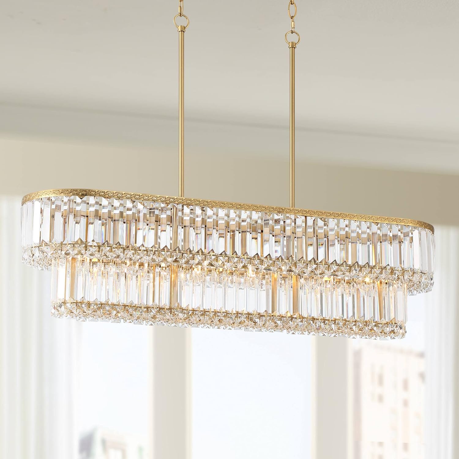 Stiffel Ella 38 3/4" Traditional Island Pendant Chandelier Ceiling Light Fixture Dining Room Over Table Kitchen Foyer Hanging Linear Soft Gold Finish Crystal Hallway Entryway Living Room Indoor