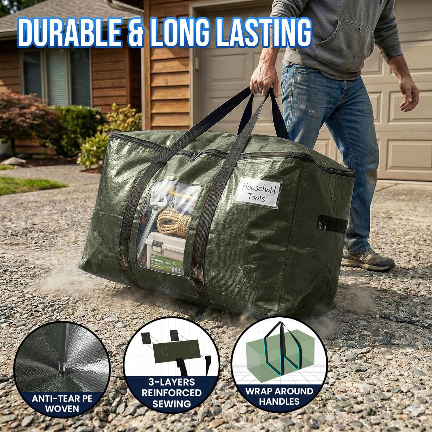 TAILI 8 Pack Green Extra Large Storage Bags, Heavy Duty Totes with Visible Window, Wrap Around Handles, Perfect for Moving