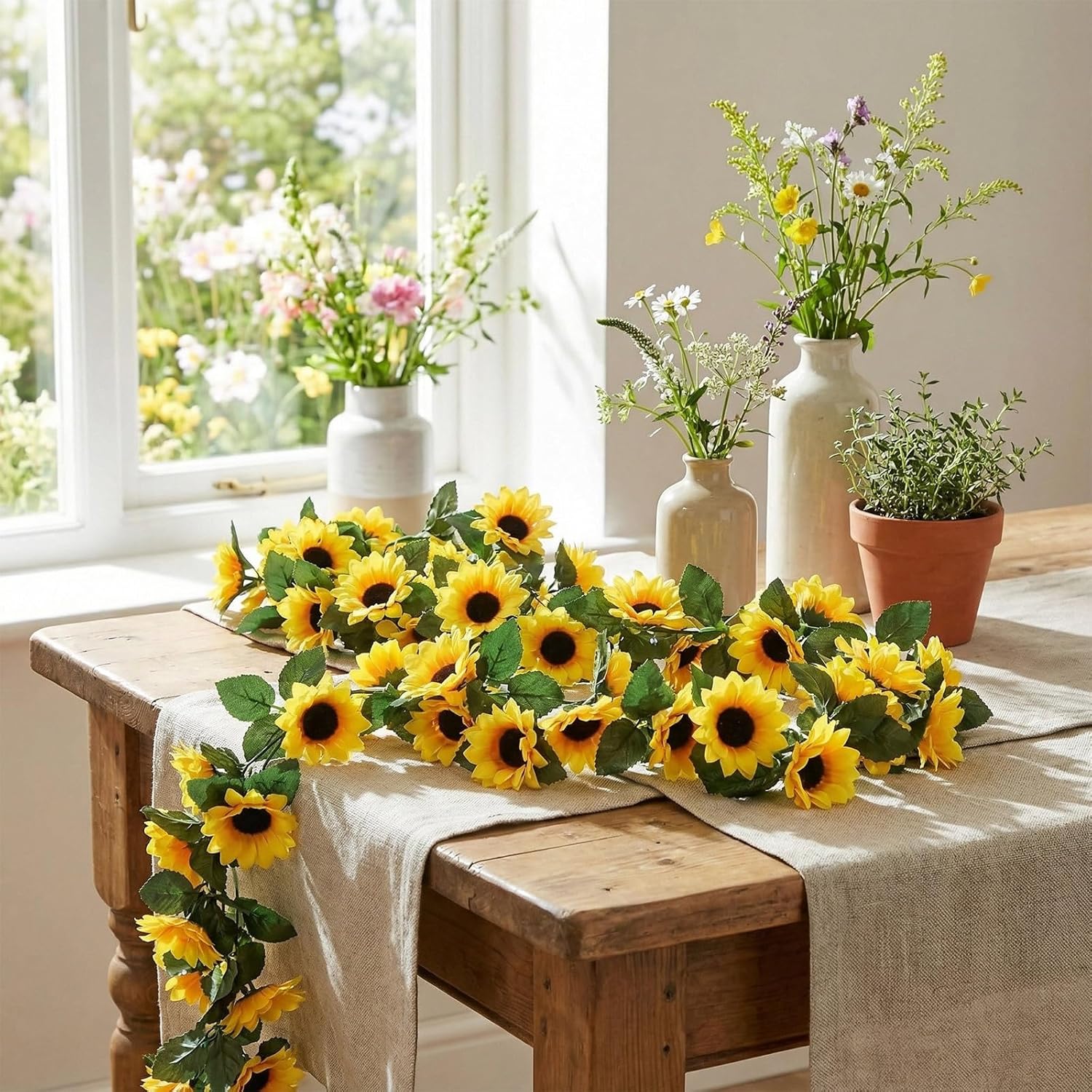 30 Pack 246ft Sunflower Garland Artificial Sunflower Vine with Green Leaves Hanging Fake Yellow Flowers Garland Vine for Wedding Birthday Outdoor Garden Table Centerpiece Room Arch Decor
