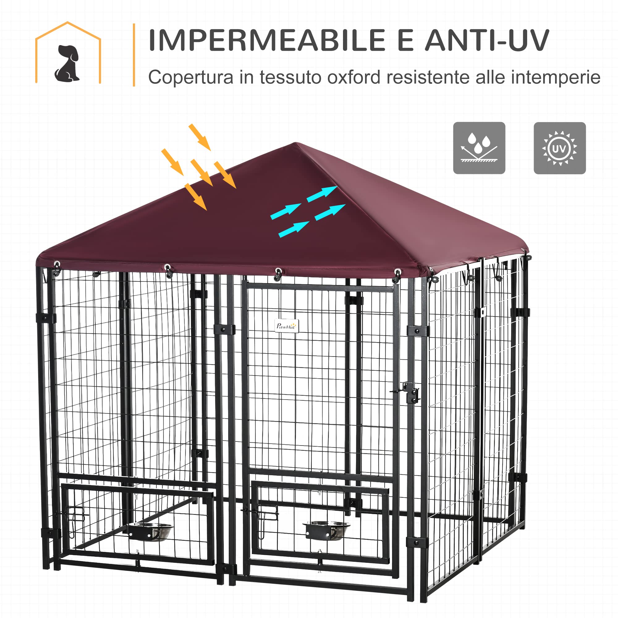 PawHut Recinto per Cani da Esterno con Serratura Kennel Nero e Rosso | Box per Animali in Acciaio, 2 Ciotole Girevoli, Copertura in Tessuto Oxford