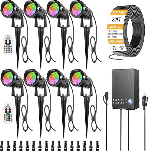ZUCKEO Kit de iluminación de paisaje RGBW todo en uno, luces de paisaje de bajo voltaje que cambian de color de 5 W con transformador y cable de 80