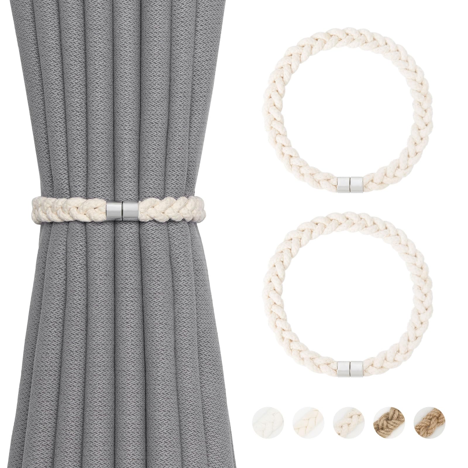 NICEEC 2 Pack Natural Cotton Rope Curtain Tiebacks Elegant Boho Style Magnetic Drape Tie Backs Soft Hand-Woven Rope Curtain Holdbacks for Home &