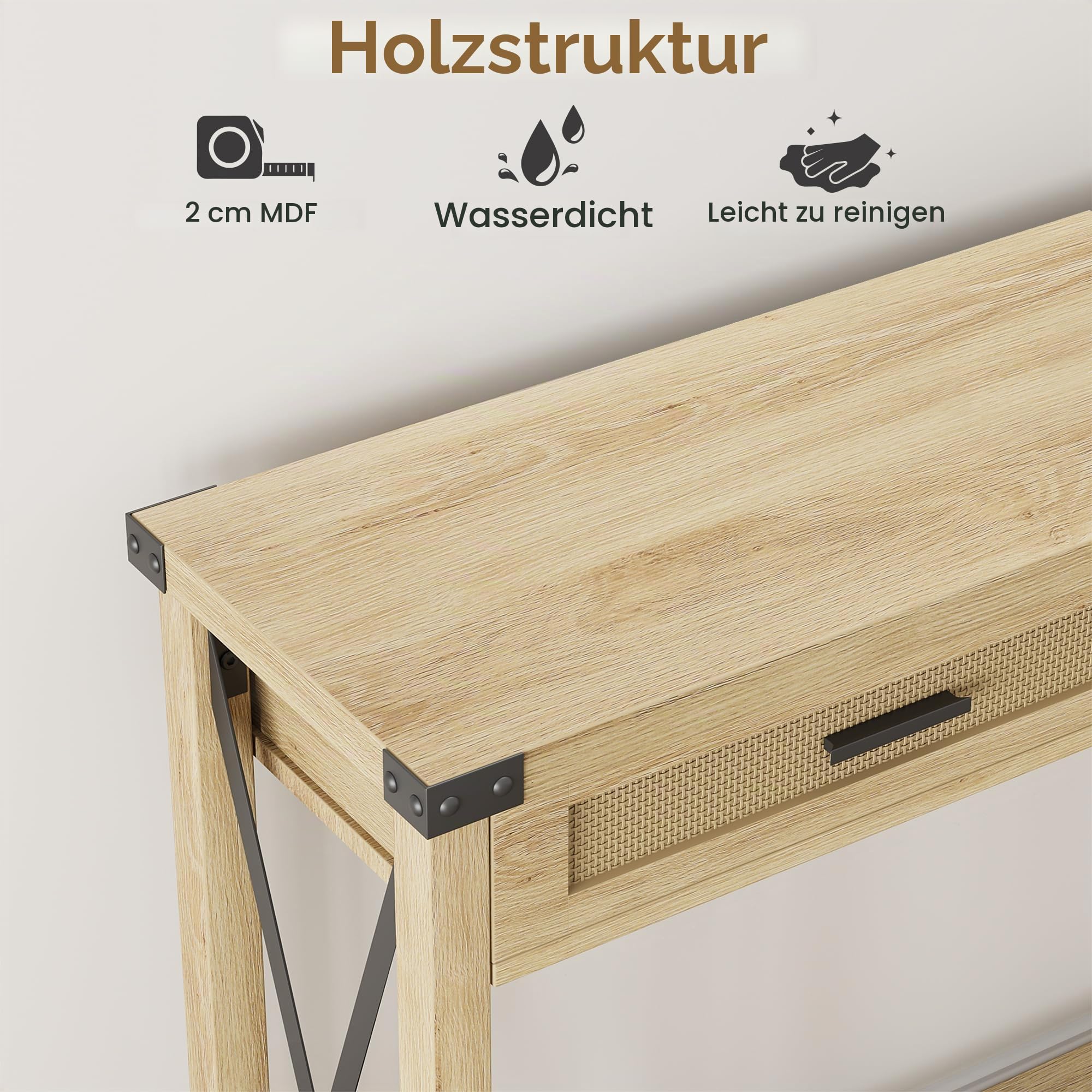 Litake Konsolentisch Rattan mit 2 Schubladen& Offene Ablage, Flurtisch Eingangstisch Schmaler Sofatisch für Wohnzimmer, Arbeitszimmer, Eingangsbereich oder Fernsehwand