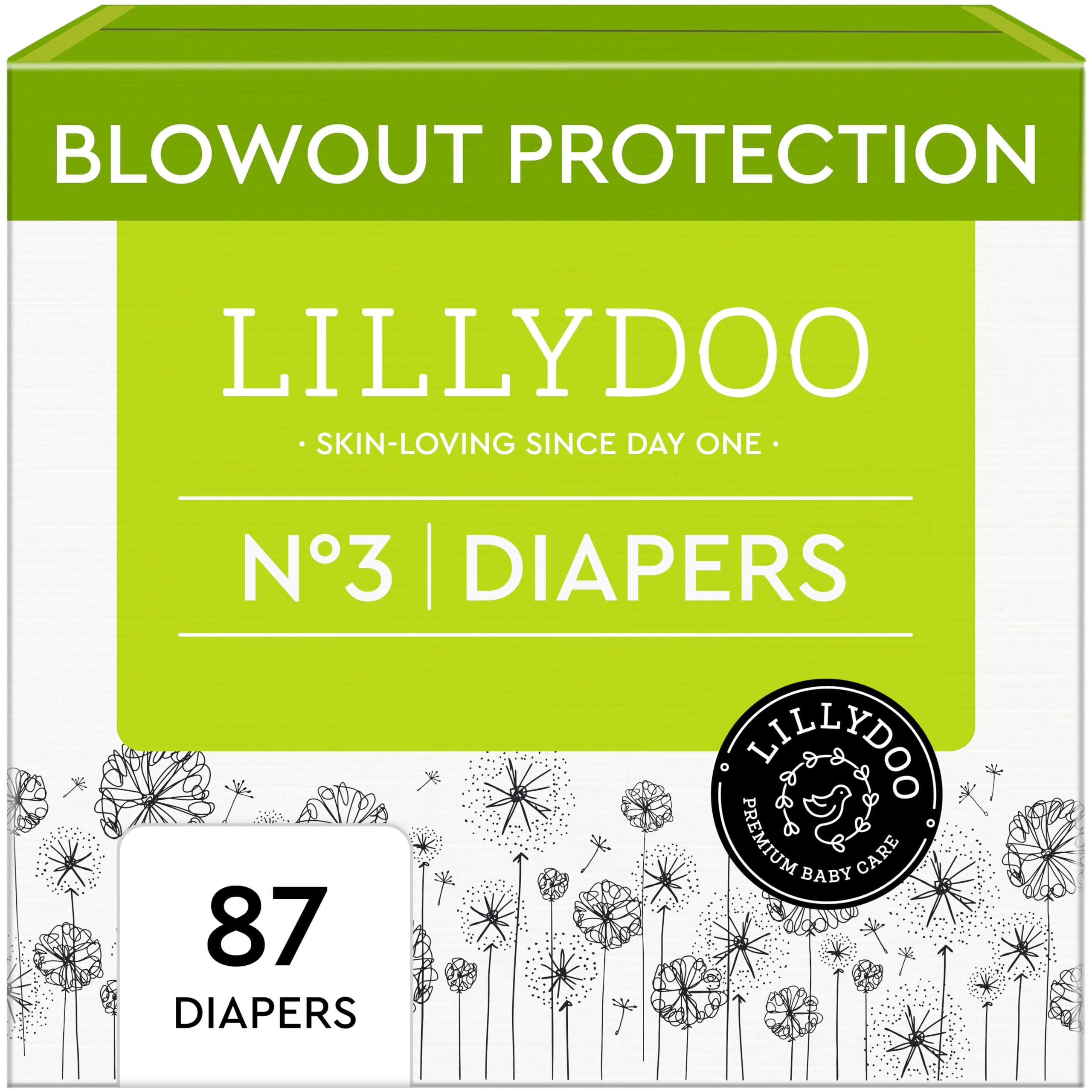 LILLYDOO Baby Diapers - Size 3 (13-22 lbs), Half-Monthly Supply (87 Count), Leak Protection, Skin-Friendly, Ultrasoft, Perfume- & Chlorine-Free, Hypoallergenic, Dermatologist Tested, Oeko-TEX®