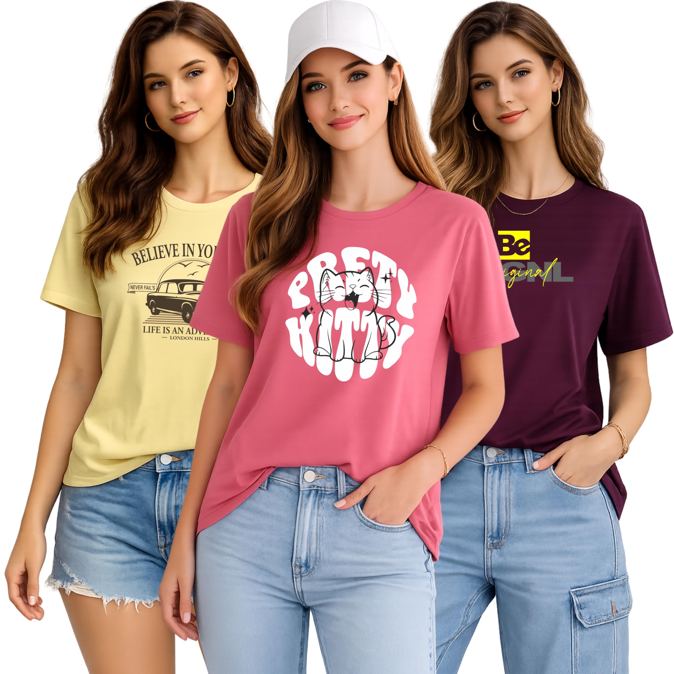 London Hills Women Cotton Printed T-Shirt Combo Pack of 3 | Loose Fit Half Sleeve Round Neck Graphic Tees for Girls & Ladies | Women’s Western Tops | Cute Trendy Print Summer Fashion T-Shirts