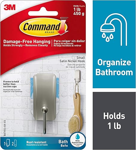 Command BATH33-SN-ES gancho pequeño para baño de níquel satinado, 1 gancho dos tiras resistentes al agua pequeñas, Plateado, BATH33-SN-ES