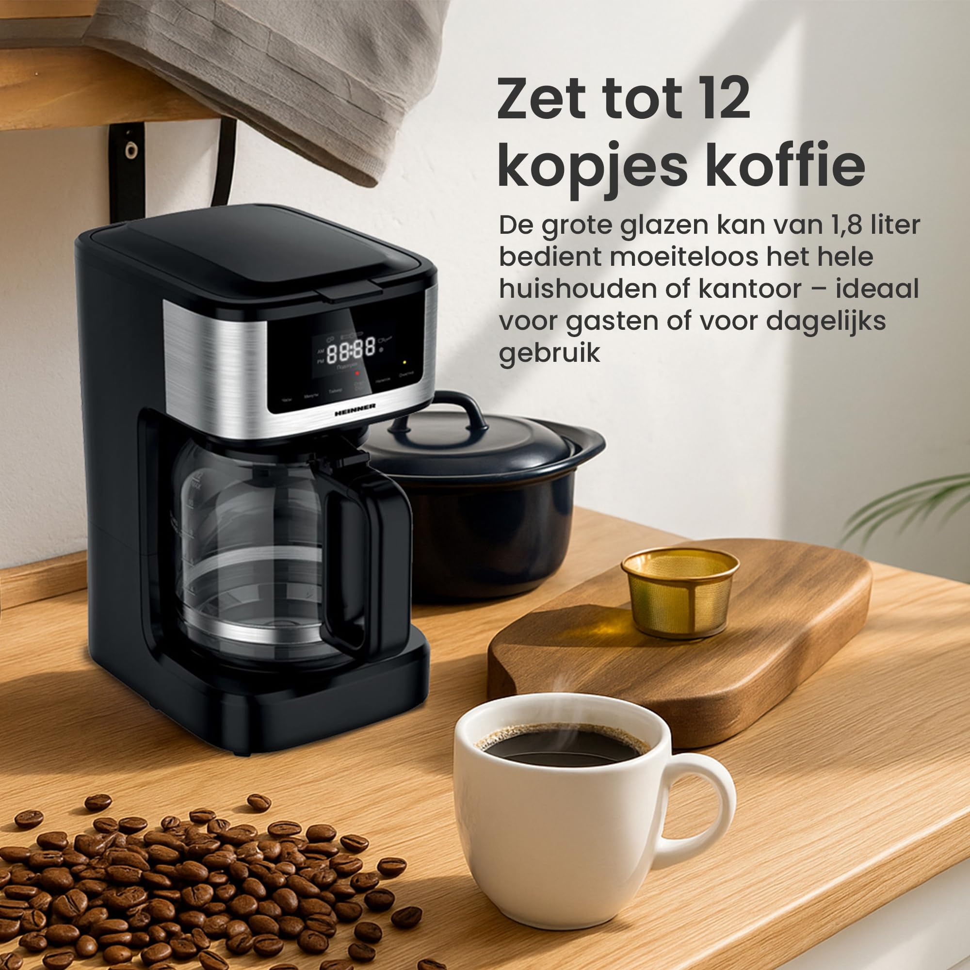 HEINNER HCM-DD900BKSS Digitale Kaffeemaschine mit 12 Tassen, Touch-Bedienung, Timer, Heiß- & Kaltbrühfunktion, Selbstreinigung, Tropfstopp, 900 W, Edelstahl, 3 Jahre Garantie