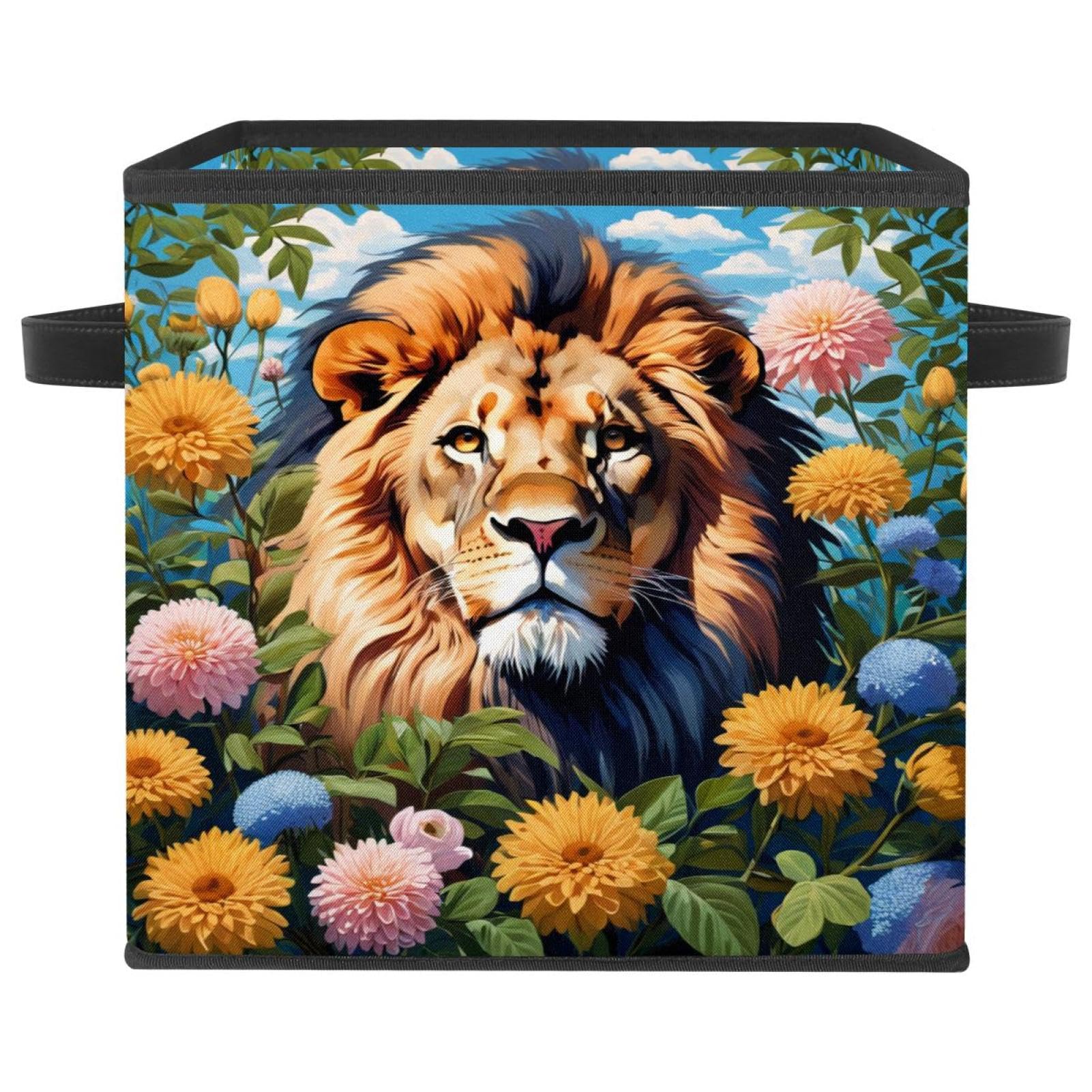 Panier de rangement avec poignées en cuir cube pliable et durable motif lion mignon
