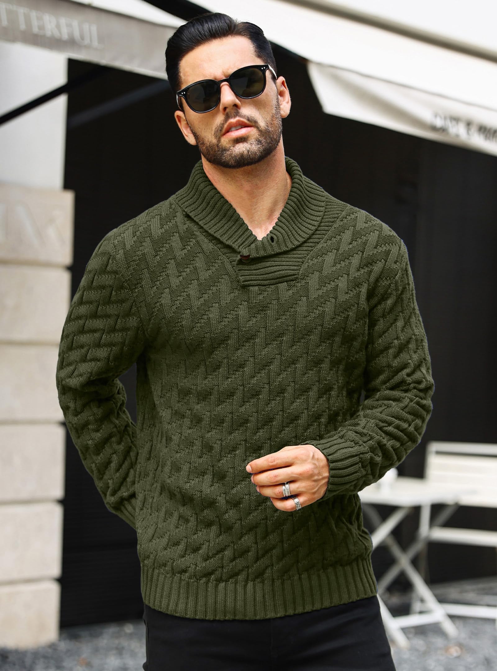 Zaitun Jersey de punto para hombre, cuello alto, con botones, cálido, manga larga, suéter de invierno