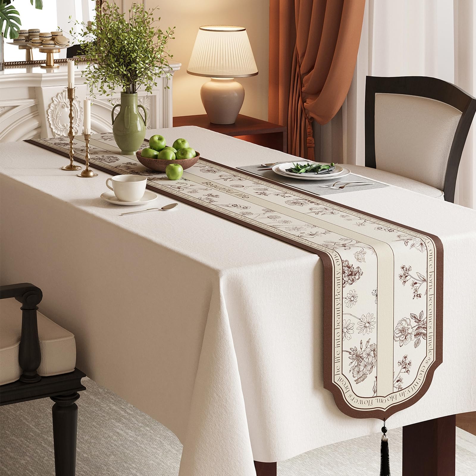 Runner da Tavolo Cotone Lino 35x260 cm, Runner da Tavola Moderno Lavabile Motivo Righe e Fiori Foglie con Nappe Decorazioni per Sala da Pranzo Feste, Beige Marrone
