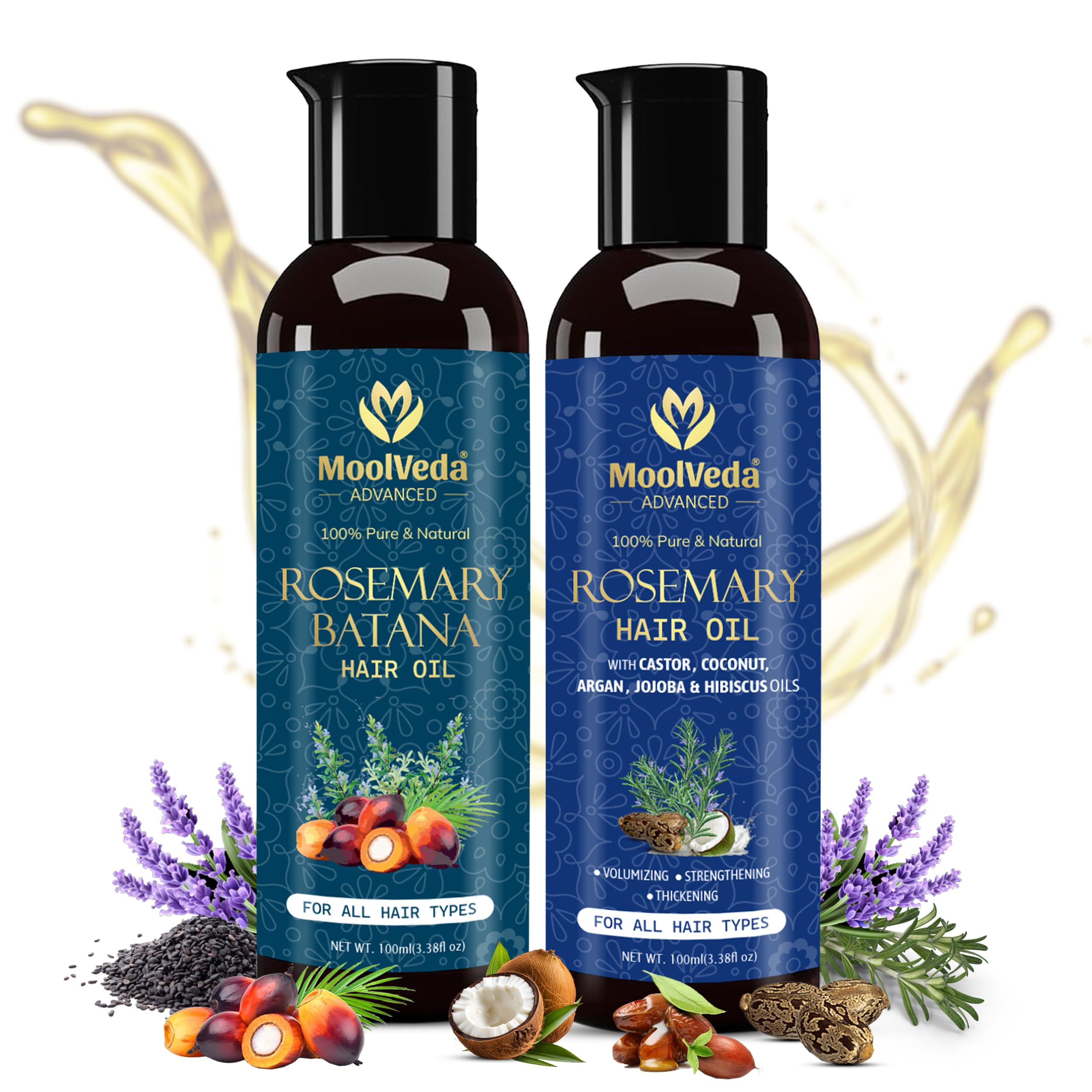 Moolveda Pure Rosemary Batana & Rosemary Oil Special Combo for Hair Growth By Dr Sebi Sourced From Honduras | Promotes Thicker, Shiny, Stronger & Healthy Hair | Hair Fall Control (Each 100 ml)