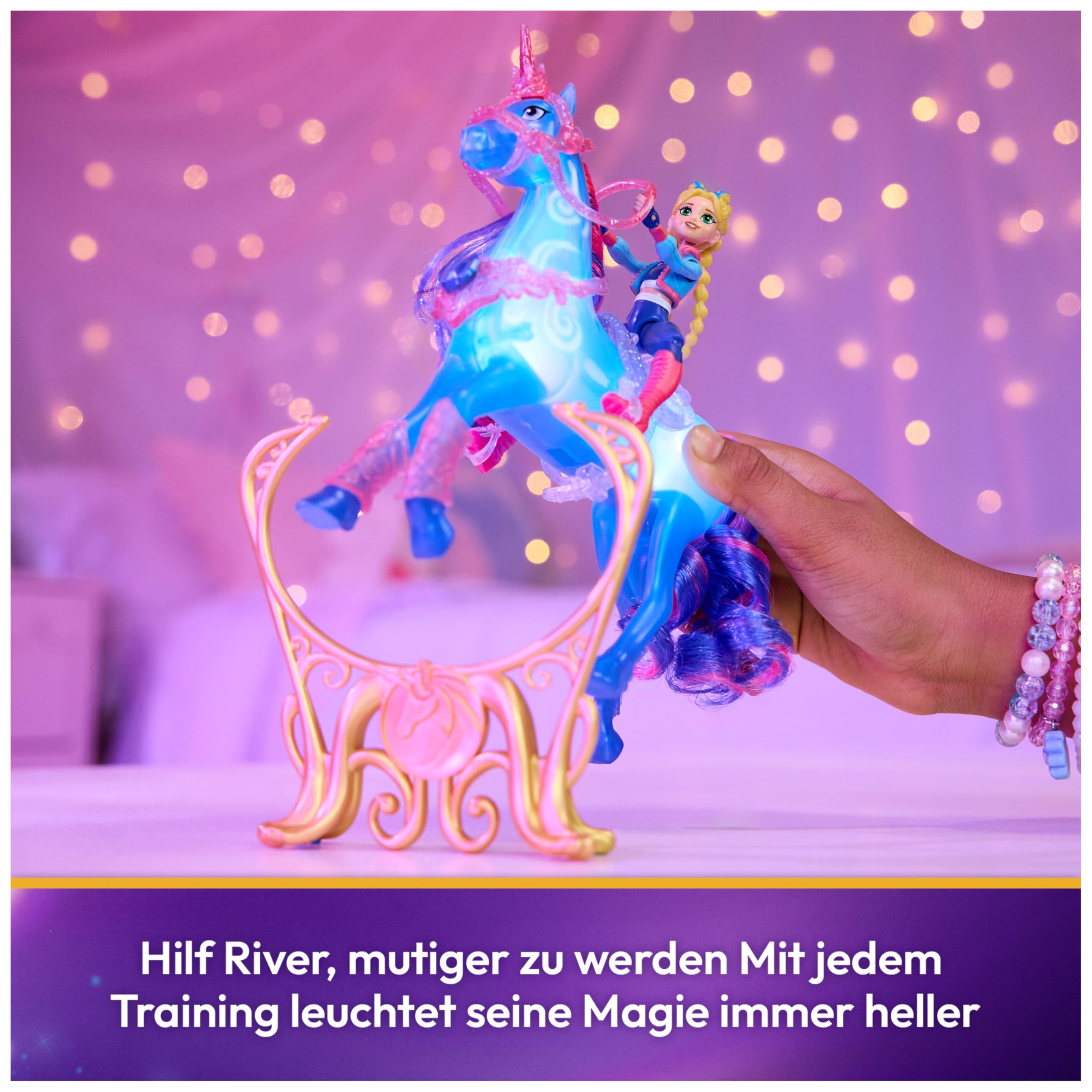 Unicorn Academy - Train and Glow River mit Isabel Set, ca 12 cm Originalfiguren zur Netflix Serie, mit Leuchtfunktion und Trainingszubehörteilen, für Kinder ab 4 Jahren
