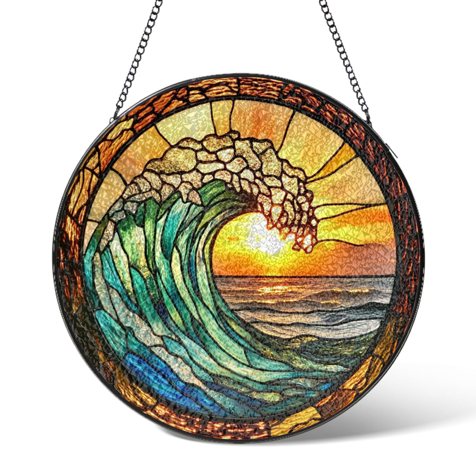 Beach Sunrise Suncatchers Stained Glass Window Hanging,Wave Sunset Suncatcher Garden Decor Birthday Gifts,Sun Catchers Decoration for Coastal Bedroom Kitchen Window,Housewarming 7.9 IN