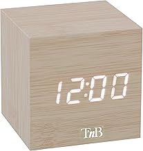 T'nB - Digital Alarm Clock Cube 3 Programmable Alarms, Touch or Voice Activation, Time, Date, Temperature, Adjustable Brightness - Wood Colour