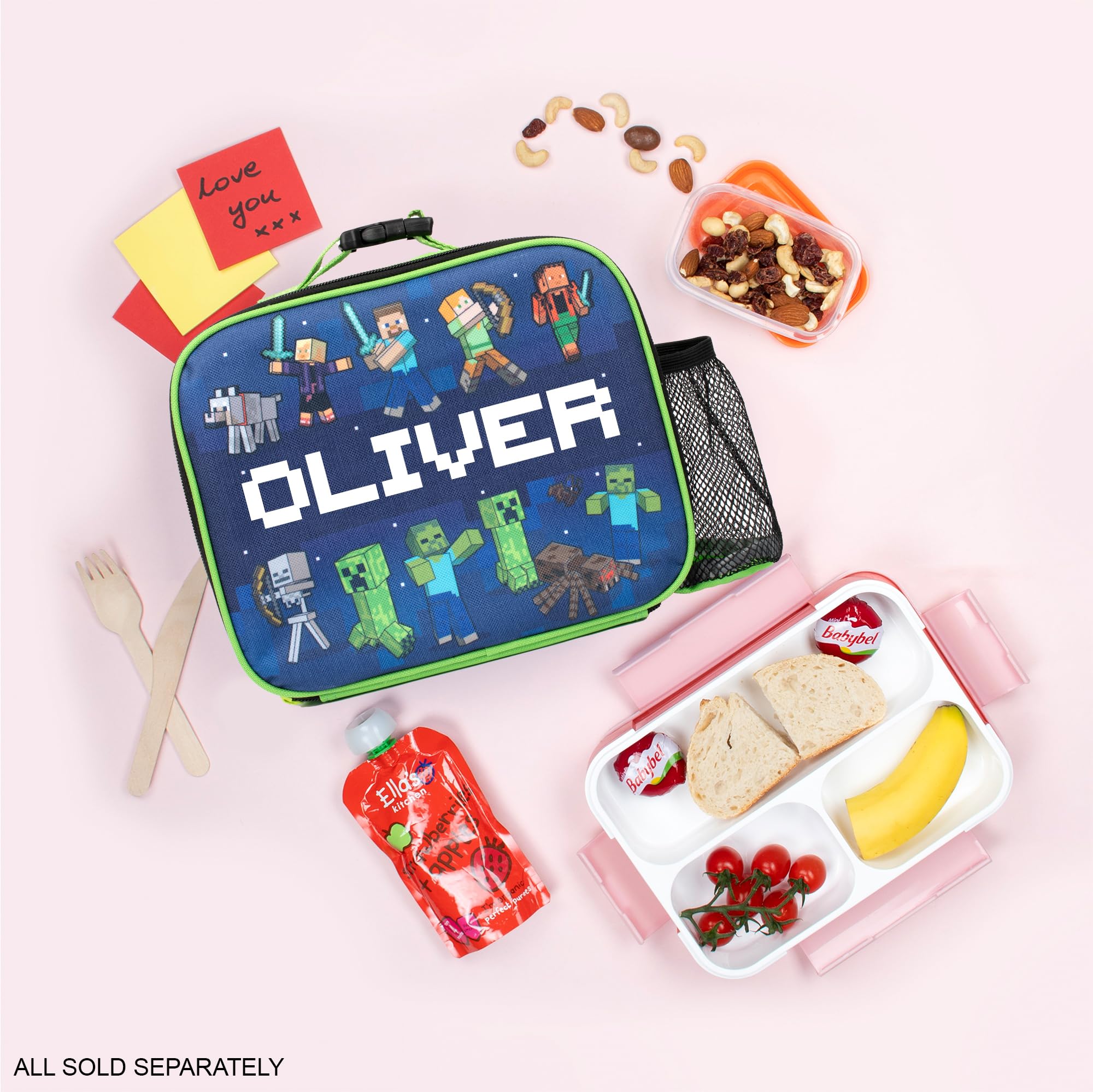 Minecraft Sac à déjeuner personnalisé pour enfants – Sac à goûter isotherme pour garçons et filles – Personnalisation du nom – Bleu foncé