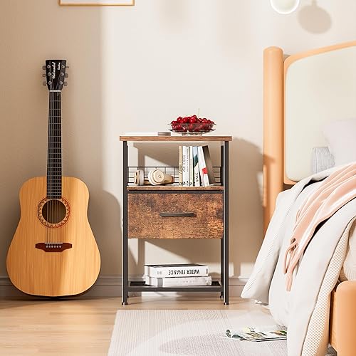 Miniatura 5 de Juego de 2 mesitas de noche con cajón, mesa auxiliar con valla de metal, mesa auxiliar de almacenamiento de 3 niveles con estante de malla, para