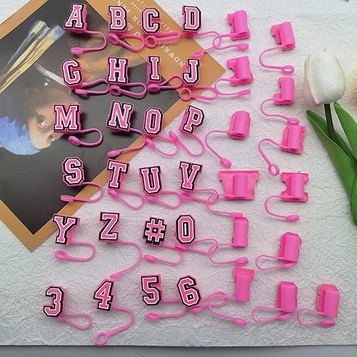 Miniatura 5 de 37 fundas de silicona con diseño de letras rosadas para sorbetes de animales, tapas para vasos, pajitas reutilizables, lindas puntas de popote