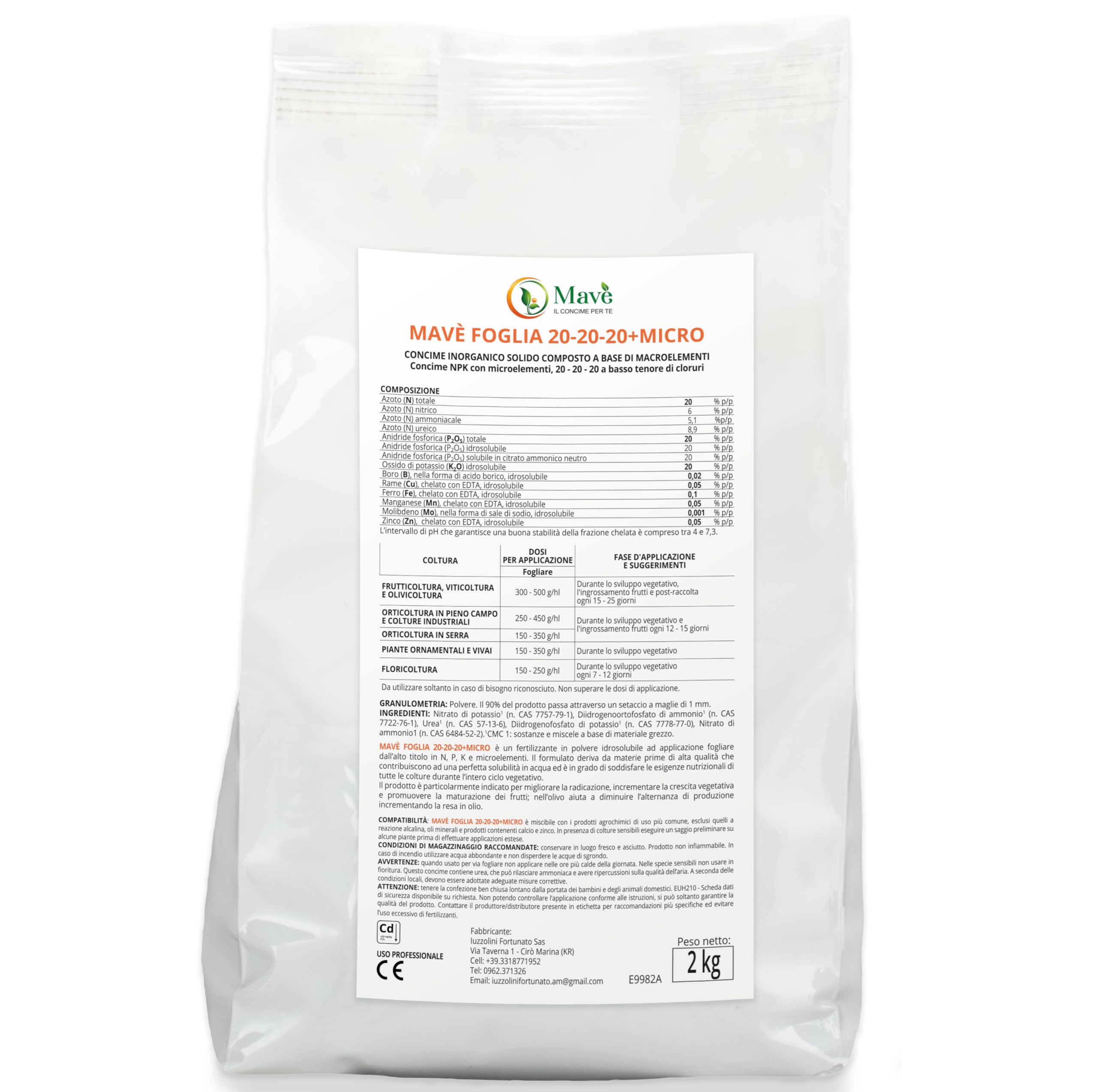 Concime fogliare 20 20 20 Mavè foglia 2 kg - fertilizzante 20.20.20 NPK per olivo, agrumi, orto, vite, piante - Nutrizione completa e crescita veloce