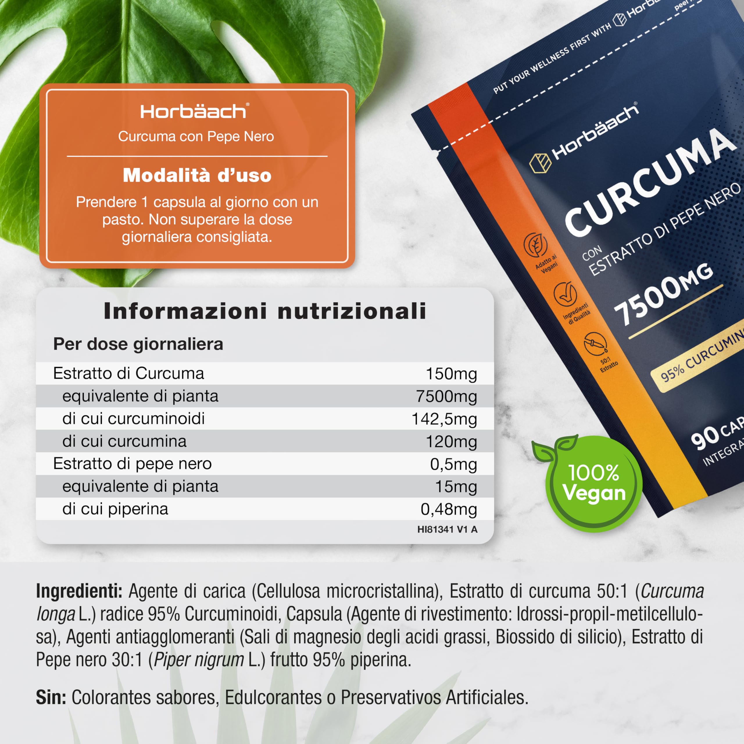 Curcuma Capsule 7500mg | Alta Dosaggio | Curcumina e Piperina | Turmeric and Black Pepper | Horbaach