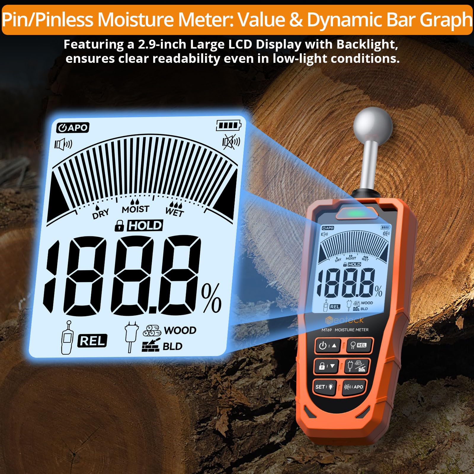 Neoteck 2-in-1 Moisture Meter with Pin & Ball Sensor, Non-Destructive Wall Damp Detector with LCD & Alarm, for Wood Concrete - Image 3