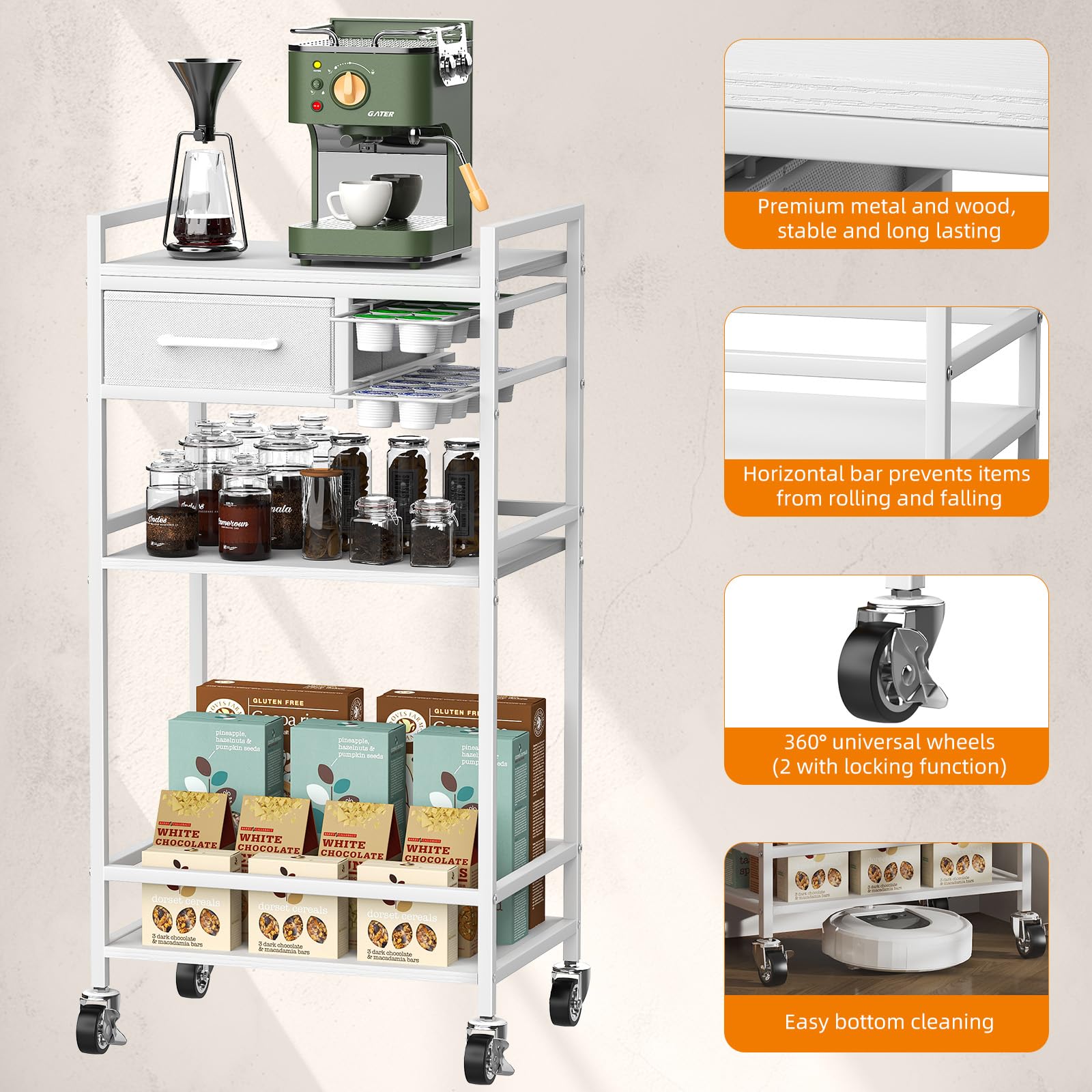Housolution Mueble Bar de Café Móvil de 4 Pisos con Almacén, Organizador de Café con 2 Cajones para K-Tazas para Nespresso Vertuo, Carrito Bar de Café para Casa, Cocina, Sala de Estar (Blanco + Gris)