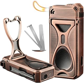 Pipe Lighter with Pipe Stand, 3 Collapsible Pipe Cleaning Tools, 4 in 1 Soft Flame Lighter, Refillable Butane, Men's Pipe Set Gift (Bronze Color)