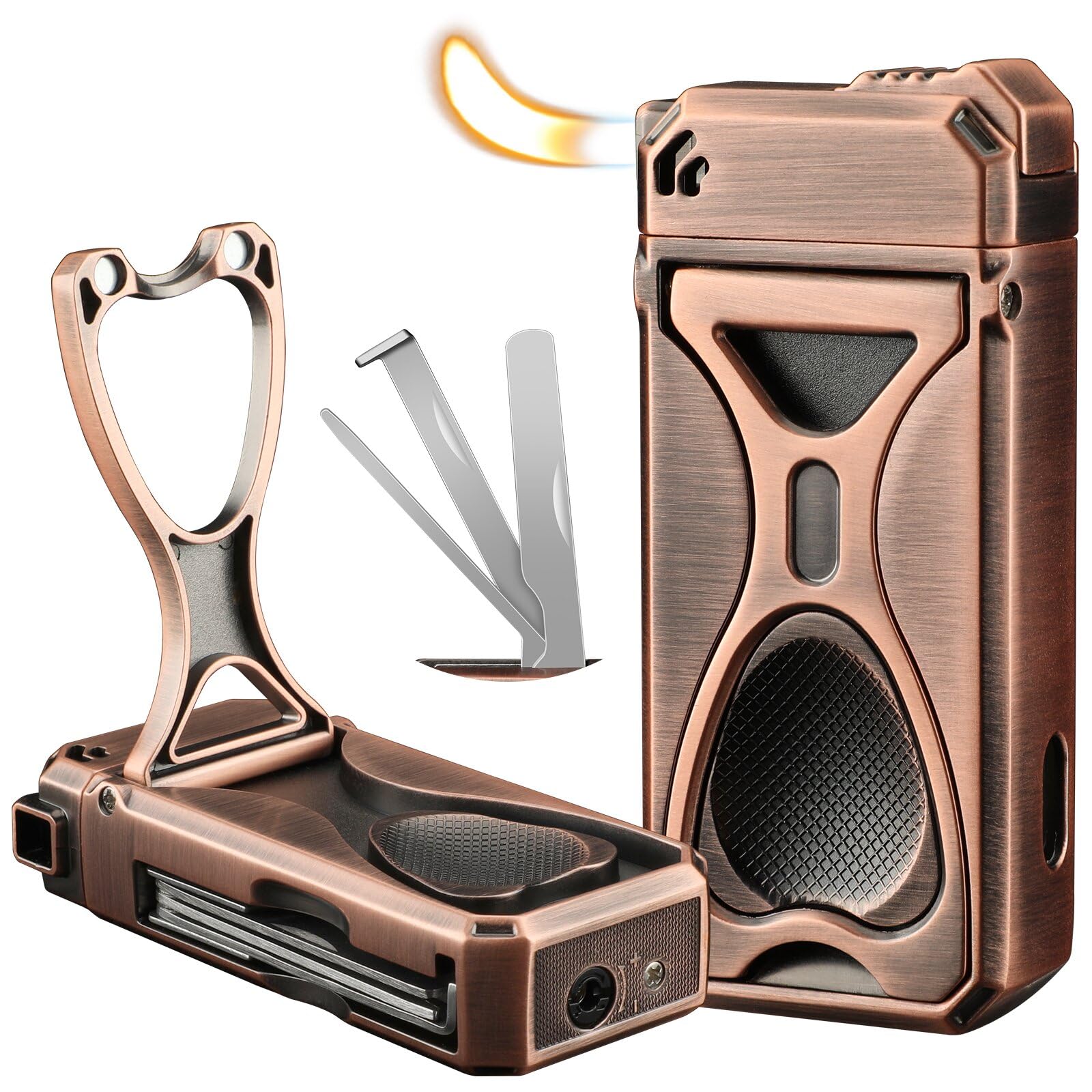 Pipe Lighter with Pipe Stand, 3 Collapsible Pipe Cleaning Tools, 4 in 1 Soft Flame Lighter, Refillable Butane, Men's Pipe Set Gift (Bronze Color)