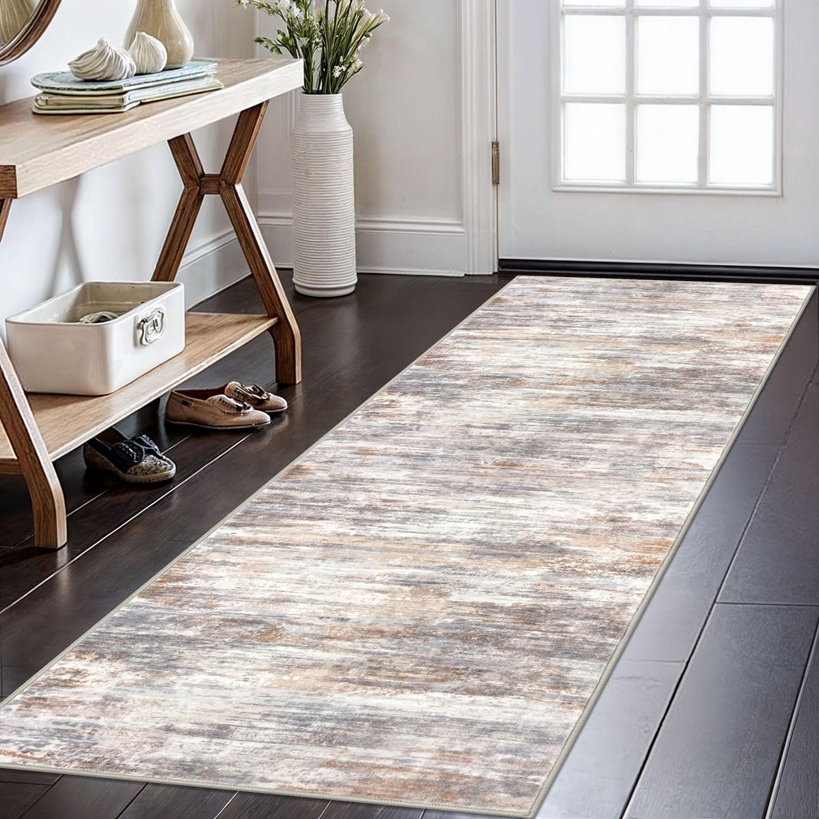 KOZYFLY Modern Abstract Kitchen Runner Rug, 2x6 Washable Rug Runner Non-Slip Soft Striped Hallway Runner Rugs, Multi Grey Print Carpet Runner for Entryway Bathroom Laundry Room Foyer — image 1