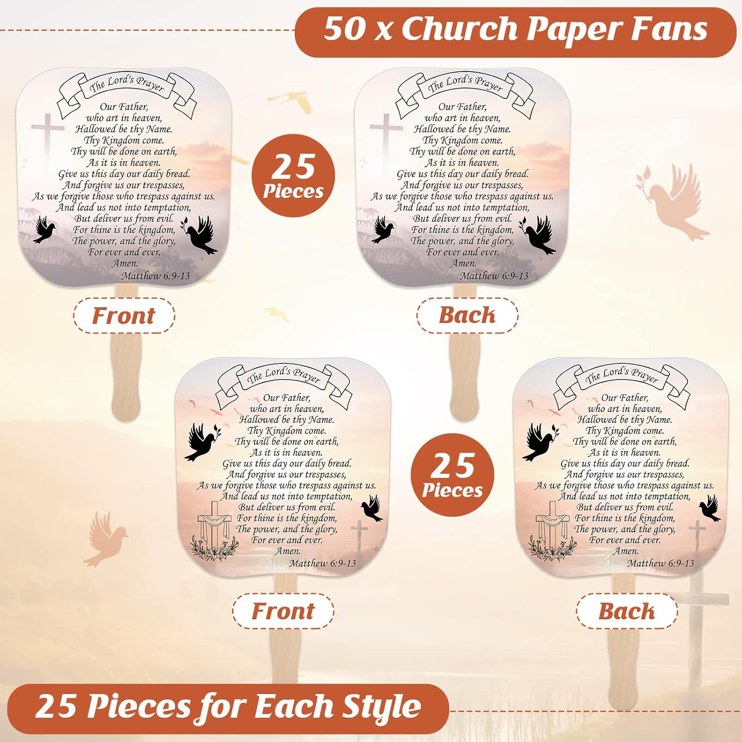 Qeeenar 50 Pcs Christian Church Fans Religious Handheld Fan the Lord's Prayer Hand Held Parlor Fans Thick Paper Fans with Wooden Handle Hand Fans for Church Services Women Men Decoration Gift 2 Styles