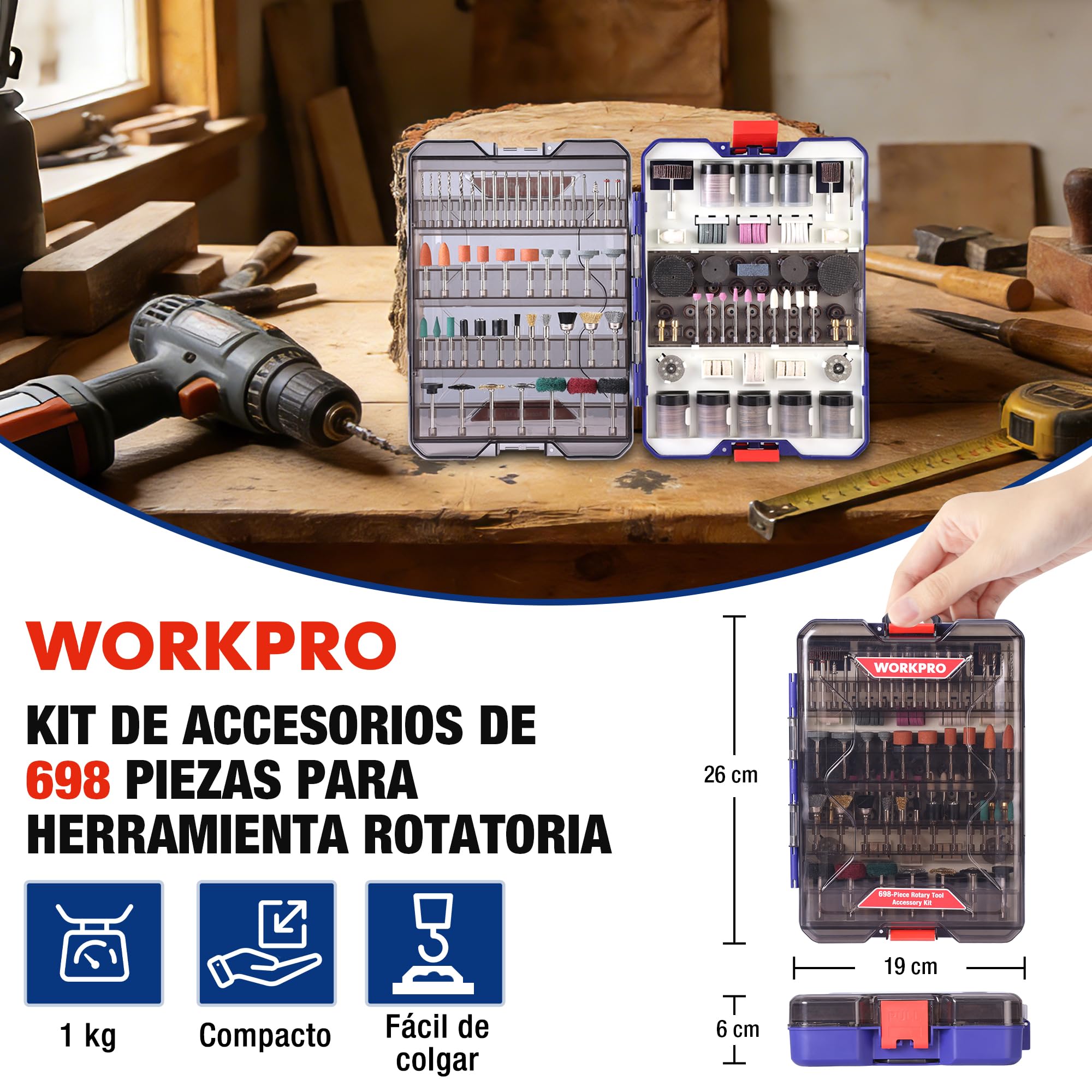 WORKPRO Kit de 698 Accesorios Multifunción para Herramienta Rotativa Dremel u Otro, Juego de Brocas de Herramienta Giratorias para Cortar, Lijar, Moler, Tallar, Pulir, Taladrar y Grabar