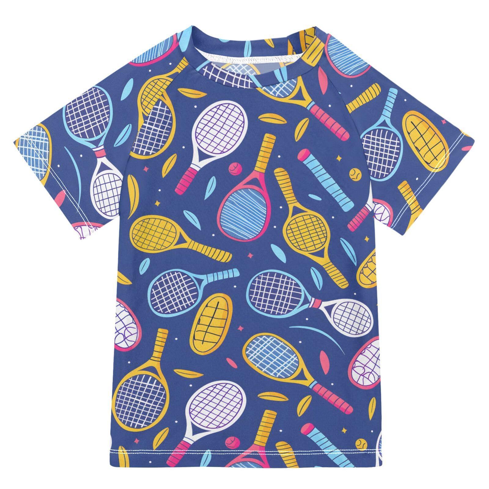 ALAZA Kids Rash Guard Toddler Swim Shirt Boy Girls Racket Racquet UPF 50+ Short Sleeve 4T