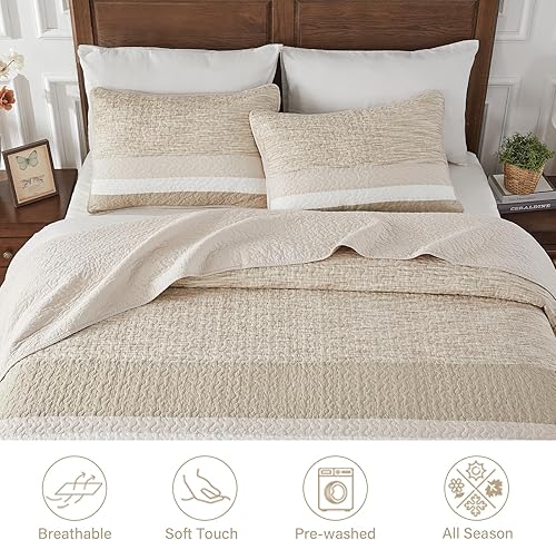 Miniatura 5 de Finlonte Juego de colcha 100% algodón sobreizado tamaño King, a rayas, reversible, ligero, súper grande, acolchado, 3 piezas, marrón, tamaño