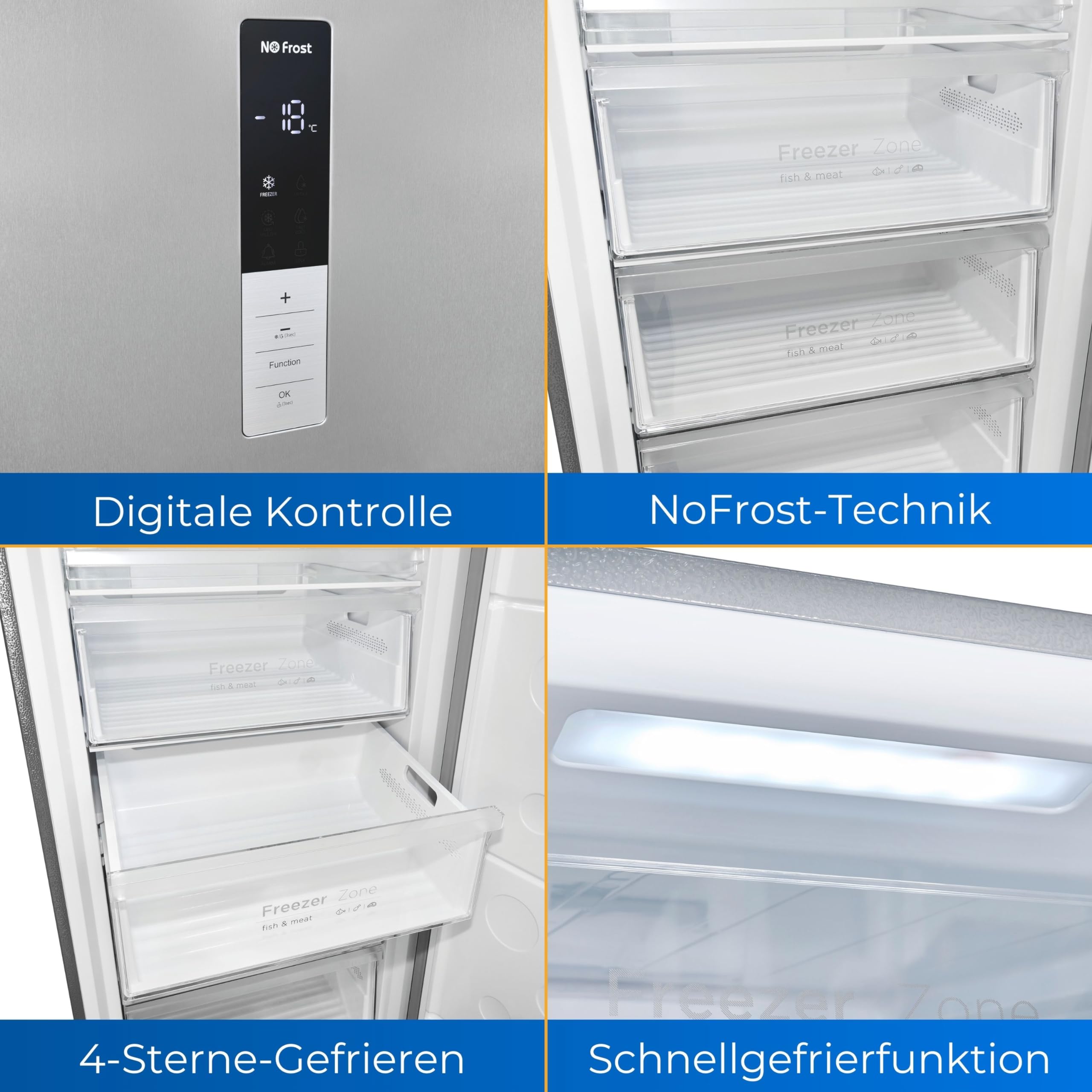 Exquisit Gefrierschrank GS380-NF-H-050D Inoxlook - 380 L No Frost | Großer Gefrierschrank mit LED-Beleuchtung - 4 Sterne Gefrierleistung - 39 dB - Tür-Alarm - Energieeffizienzklasse D
