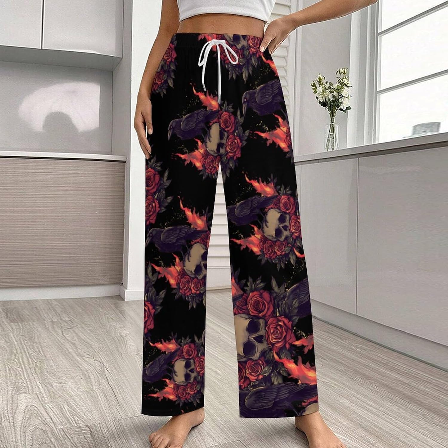 Gothic Skull Black Crow Women's Pajama Pants Soft Lounge Pants Bottoms Pjs Trousers Casual Yoga Pant