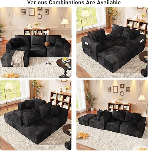 Miniatura 5 de Sofá modular de 110 pulgadas con asiento profundo, sofá nube tapizado sin hueso en forma de L con otomana convertible y brazos anchos para sala de