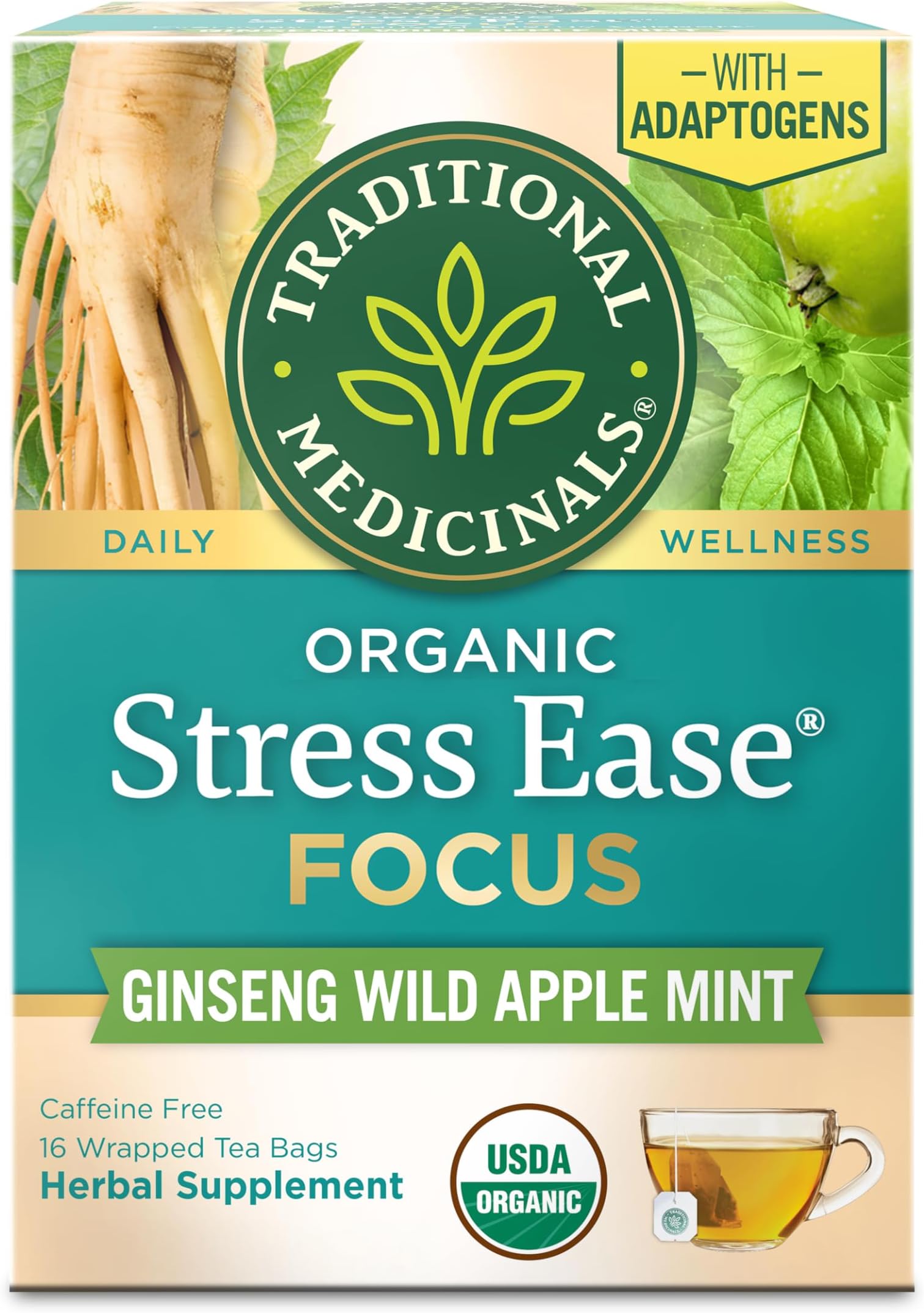 Traditional Medicinals Organic, Stress Ease Focus, Ginseng Wild Apple Mint Tea - Balanced Energy Support & Adaptogens - Kosher, Non-GMO, Caffeine-Free, Compostable - 16 Tea Bags