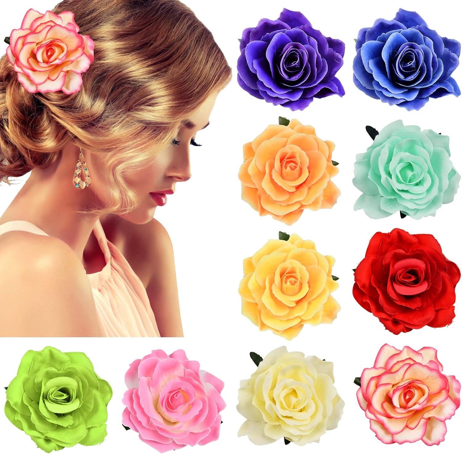 10 Piezas Clips de Pelo Flor Rosas, Coloridas Hebillas Pinzas de Cabello de Flor, 2 in 1 Rose Flores Adorno Cabeza, Flor Broche Horquilla para Mujeres Niñas Nupcial Boda Fiesta Baile Decoración