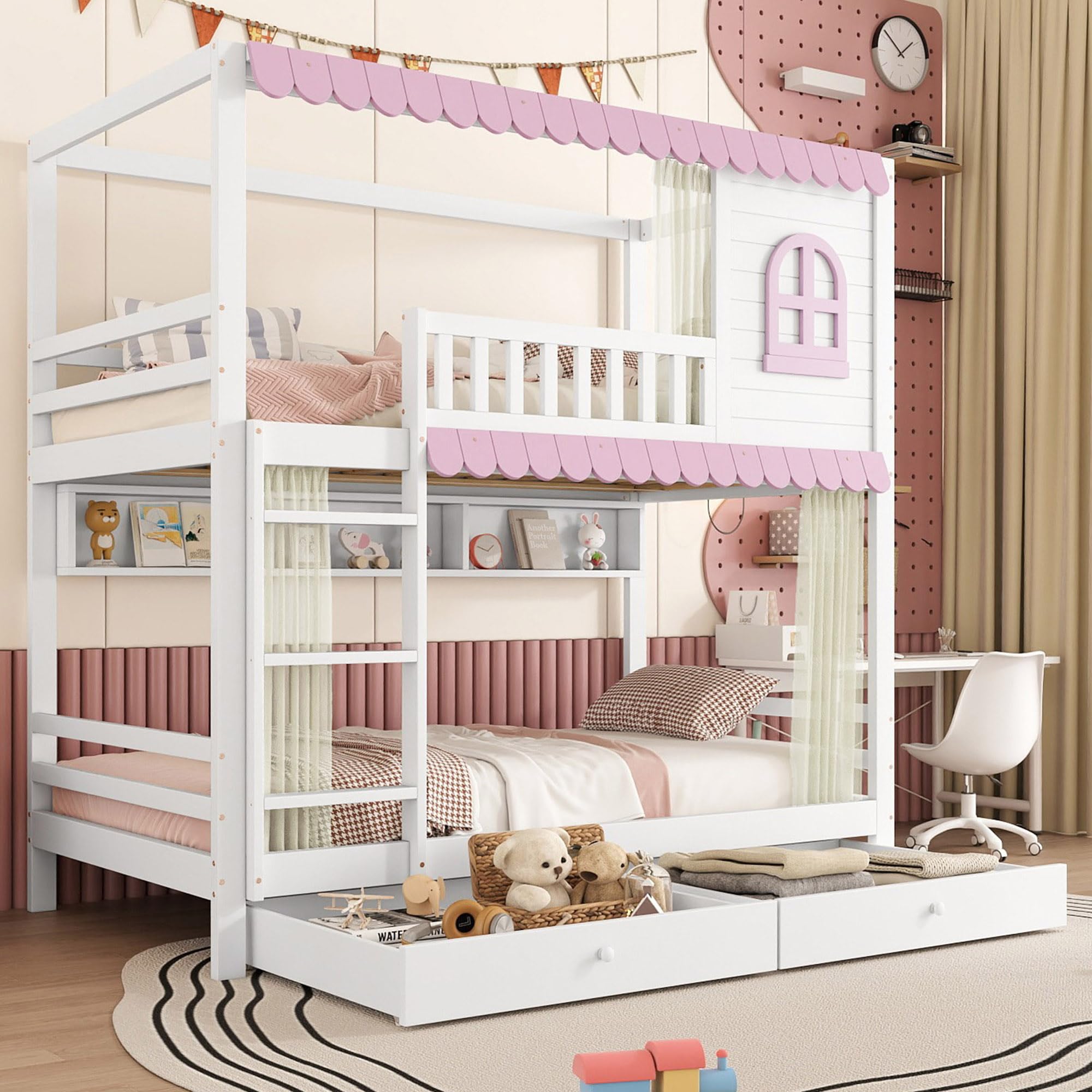 Letto a castello per bambini, 90 x 200 cm, con design a tenda, 2 cassetti grandi e scomparti multipli nel letto, lettino con rete anticaduta e rete a doghe, pino+MDF, bianco+rosa