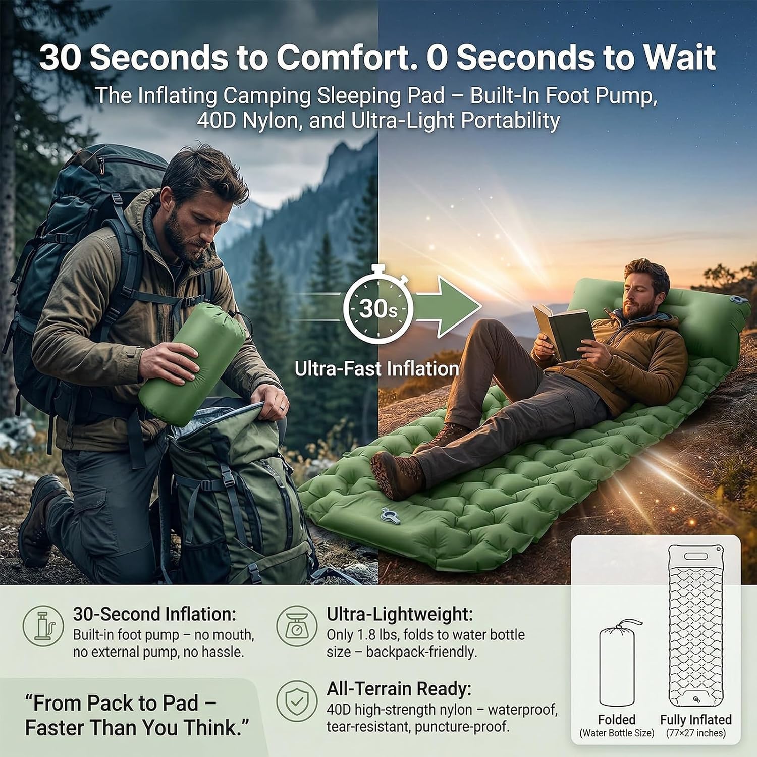 Lounge Mat - Your Portable Chill Zone Self Inflating Sleeping Pad Backpacking Air Camping Mattress Ultralight Memory Foam Travel Bed Built-in Foot Pump Airpad Tent for Car Outdoor Hiking(Khaki)